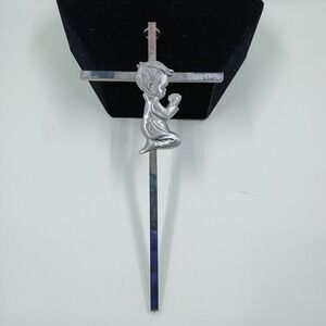 Praying Boy Wall Cross Silver Tone Metal Religious Nursery Child Room Decor